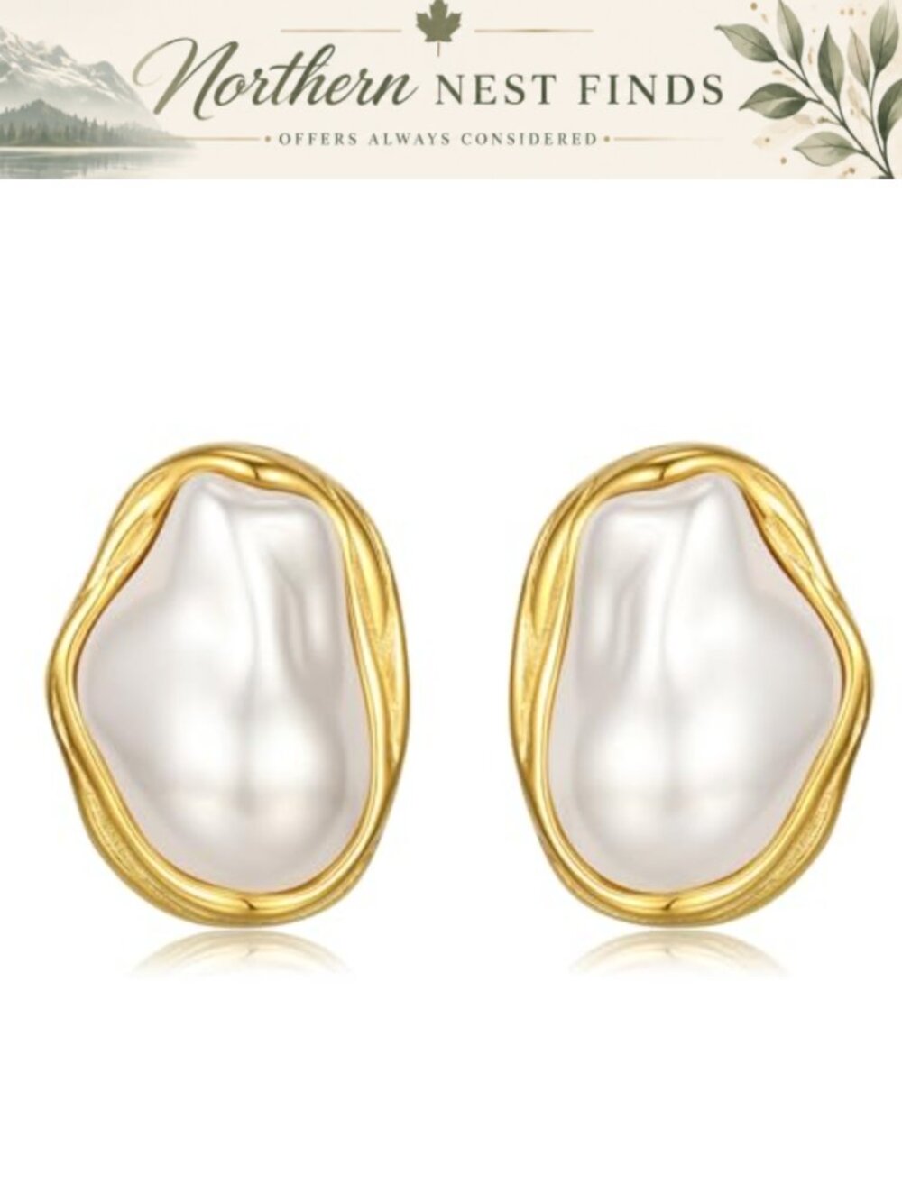 Vintage Baroque Faux Pearl Stud Earrings 14K Gold Plated Stainless Steel